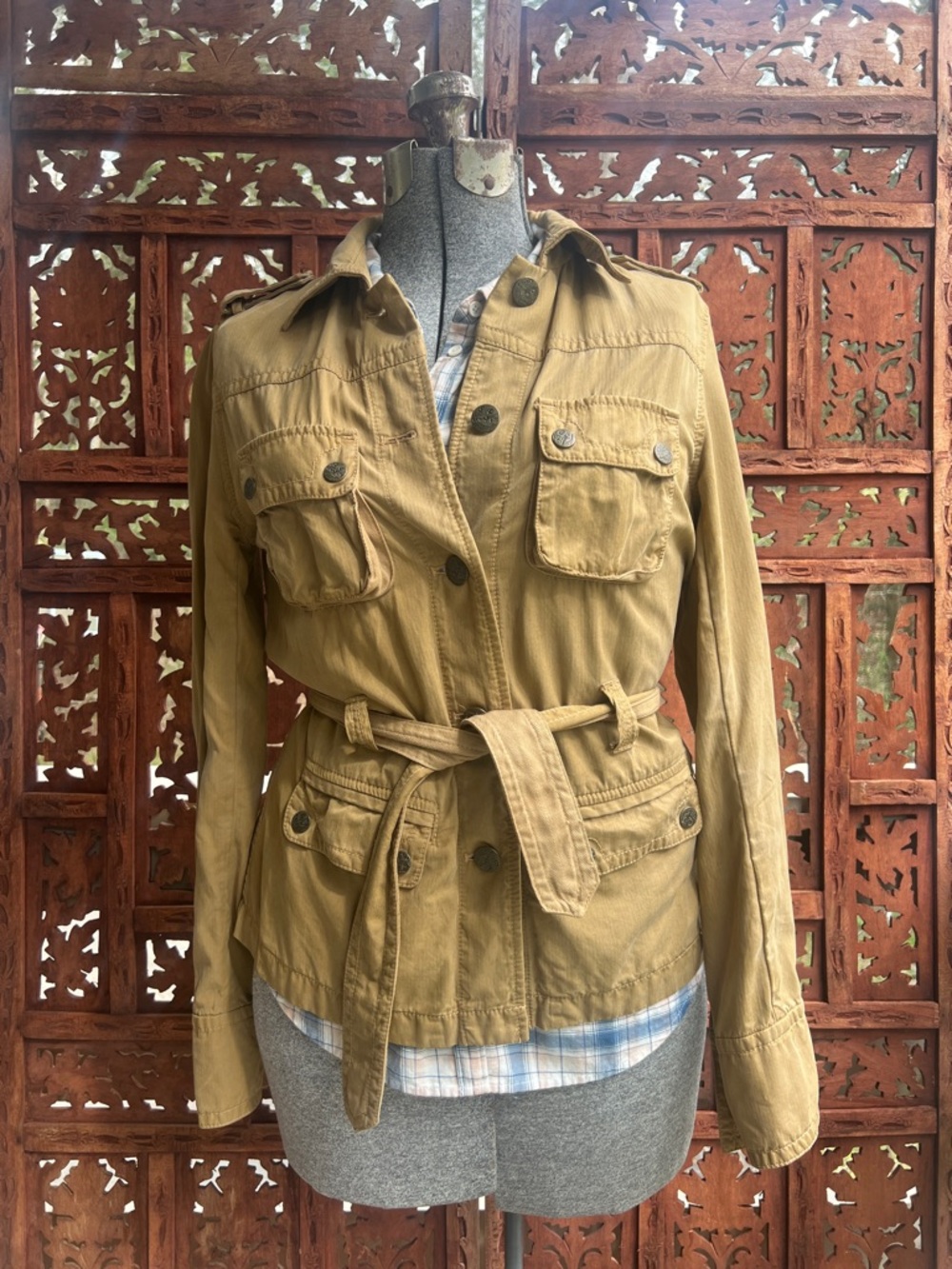 Y2K J. Crew Women's Lightweight Tan Utility Silk blend Jacket with Self-Tie Belt